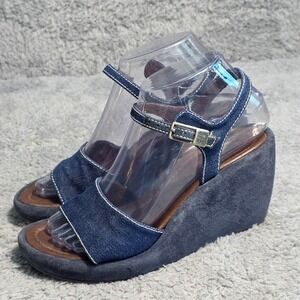 Donald J Pliner Wedge Sandals Blue Denim Suede Ankle Strap Womens 6 M Excellent